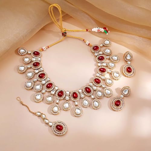 Image of Rubans Necklace Maangtikka Set Gold Plated Kundan & Pearl Jewellery Gift for Women & Girls