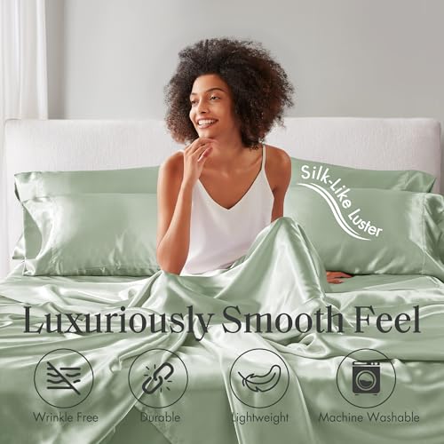 Image of Madison Park Essentials Satin Sheets Twin Size Bed Set, 4 Piece, Sage | Luxury and Smooth Silky Bedding with Natural Sheen, All Around Elastic 14 inch Pocket fits up to 16 inch Mattress, Year-Round Cozy