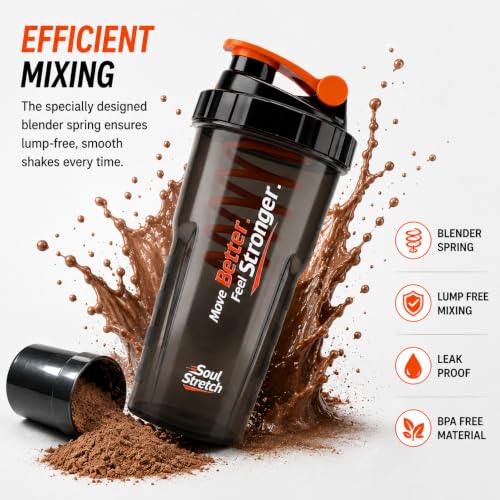 Image of Soul Stretch Storm Shaker for Gym Bottle -700ml | Protein Shaker Bottle | 100% Leakproof, BPA Free, Durable Gym Shaker | Cyclone Blender for Smooth Shakes (Black,Orange) (Orange)
