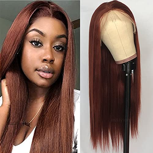 Missyvan Red Brown Hair Color Lace Wig Soft Hair Long Straight Hair Wigs Heat Resistant Fiber Hair Synthetic Lace Front Wigs for Fashion Women