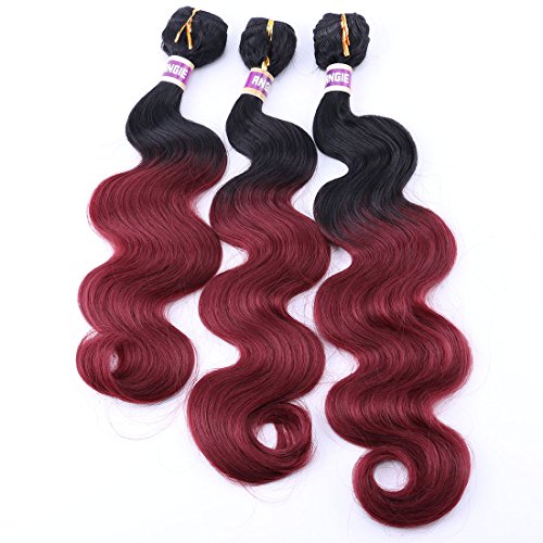 Body Wave Synthetic Hair Weave 3 Bundles Mixed Length 16 18 20 Inches Two Tone Ombre Color Black and Burgundy