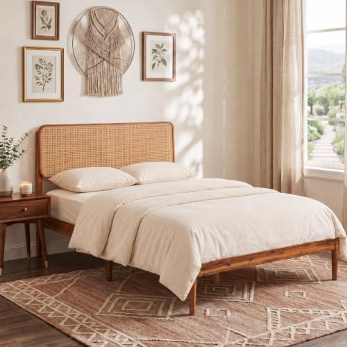 KOMFOTT Full Size Bed Frame, Wood Platform Bed with PE Rattan Headboard KOMFOTT Full Size Bed Frame, Wood Platform Bed with PE Rattan Headboard - Image 1