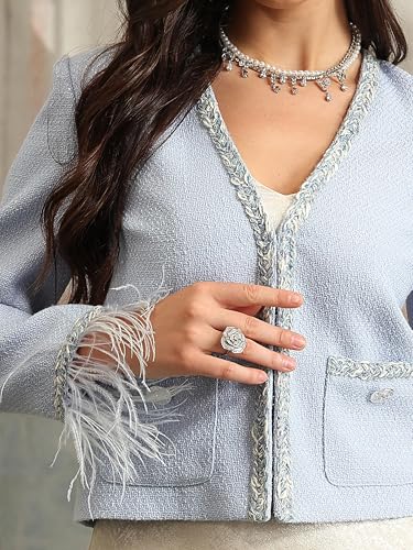 M.Infasivo Womens Tweed Blazers Cropped Jacket with Pocket, Long Sleeve Feather Trim V-Neck Collarless Dressy Cardigan Casual2