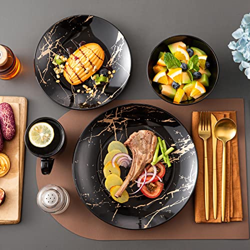 Dishes Set For 4, 16 Piece Porcelain Dinnerware Sets, Gold Splash Glaze Round Dinner Plates, Lovecasa Stylish And Modern Plates And Bowls Set With Mugs, Black #TOP5