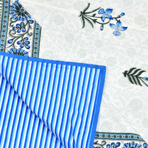 Image of BLOCKS OF INDIA 100% Cotton Dohar King Size Reversible Hand Block Printed Malmal Summer Dohar /Blanket (Blue Green Flower)