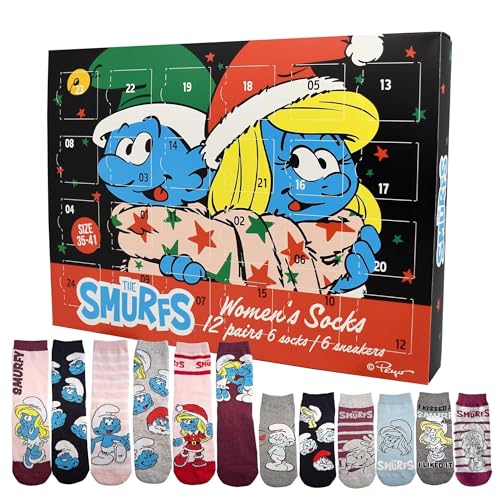 United Labels Die Schlümpfe Adventskalender mit 12 Paar Socken für Damen, Größe 35-41, Kalender mit Sneaker und langen Socken, Weihnachtskalender Geschenk