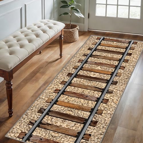 Train Track Design Area Rug for Bedroom 2x6ft Retro Realistic Railway Tracks Floor Carpet Creative Train Ballast Non-Slip Throw Rugs Cozy Pet Friendly Washable Mat for Runner