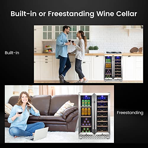Wine and Beverage Refrigerator 24 Inch Dual Zone Wine Cooler with 40 Bottles Wine Capacity, 120L Built-in and Freestanding Equipped with a Powerful Compressor, Quiet Operation and Elegant Design