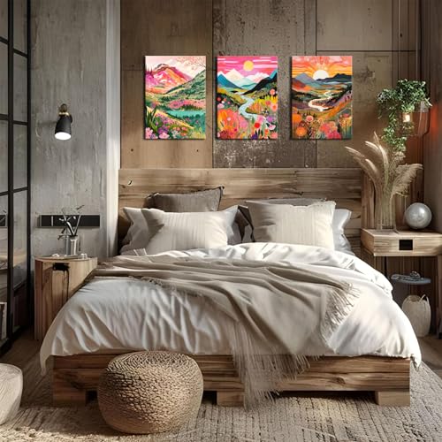 3Pcs Colorful Watercolor Mountain Canvas Wall Art Boho Floral Painting Picture Wall Decor Abstract Nature Landscape Poster Print Artwork for Living Room Bedroom Bathroom Office Home Decoration