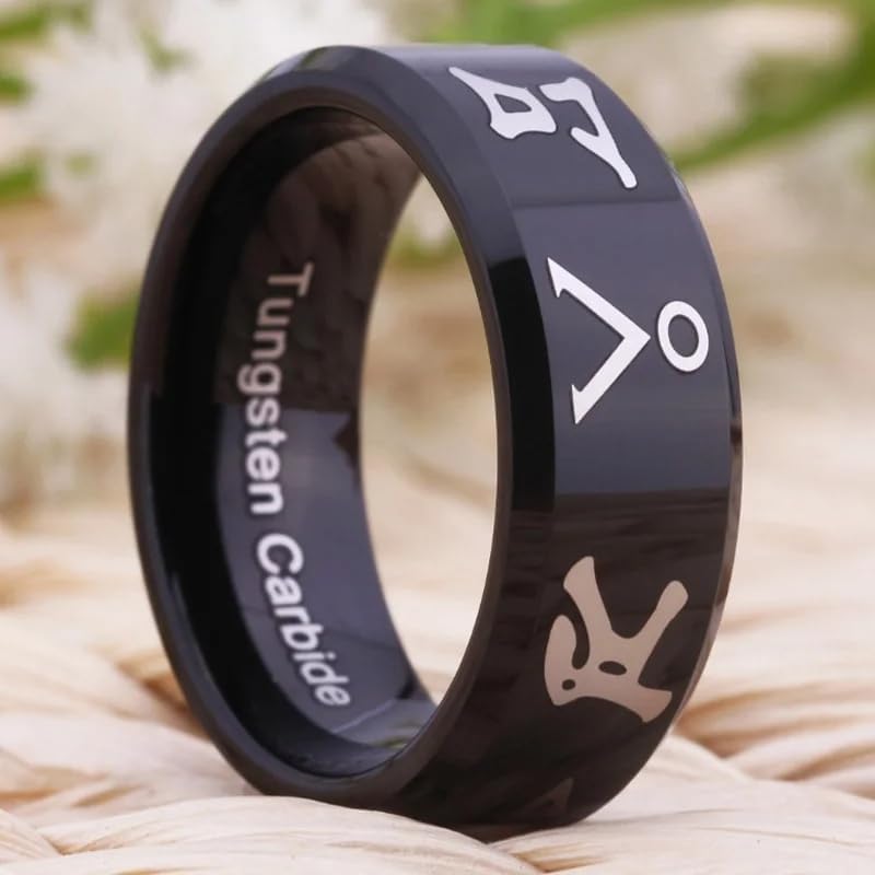 8MM Shiny Black Bevel Stargate Design Tungsten Carbide Ring Band Wedding Tungsten Ring Engagement Ring for Men Women