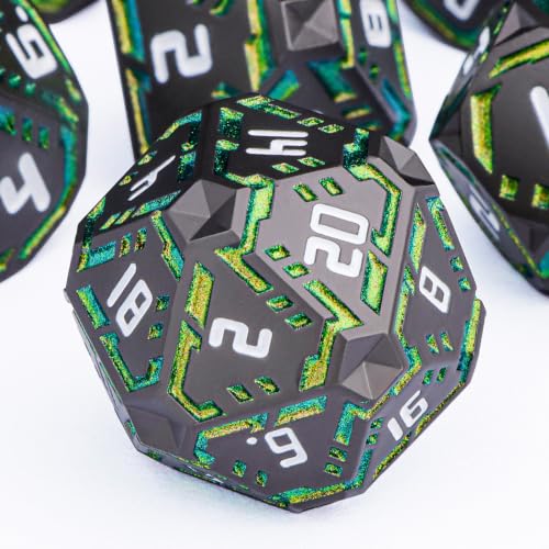 OGCOPHEN Metal DND Sci-fi Dice Set 7PCS Luminous Orange Stripe Polyhedral Dice for Dungeons Dragons RPG Role Playing Game, Glitter D and D Dice with Gift Box D6 D8 D10 D12 D20