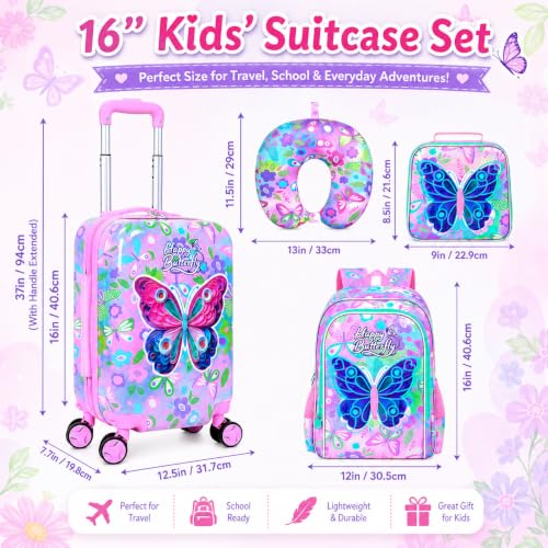 Image of CCJPX 5Pcs Kids Luggage Set, 16 inch Girls Travel Suitcase with Spinner Wheels, Butterfly Hardside Carry on Toddler Rolling Suitcase Airline Approved(Pink)