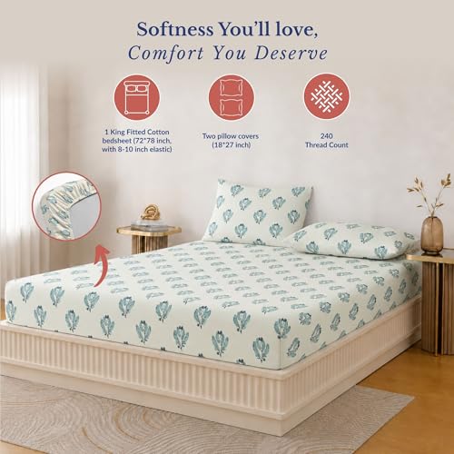 Image of Jaipur Weaves King Size Elastic Fitted Bedsheet, 100% Pure Cotton King Size Fitted Bedsheet for Double Bed with 2 Pillow Covers, 240 TC, 72x78 Inches up to 8-inch Mattress, Leafy(Spring Tulips Green)