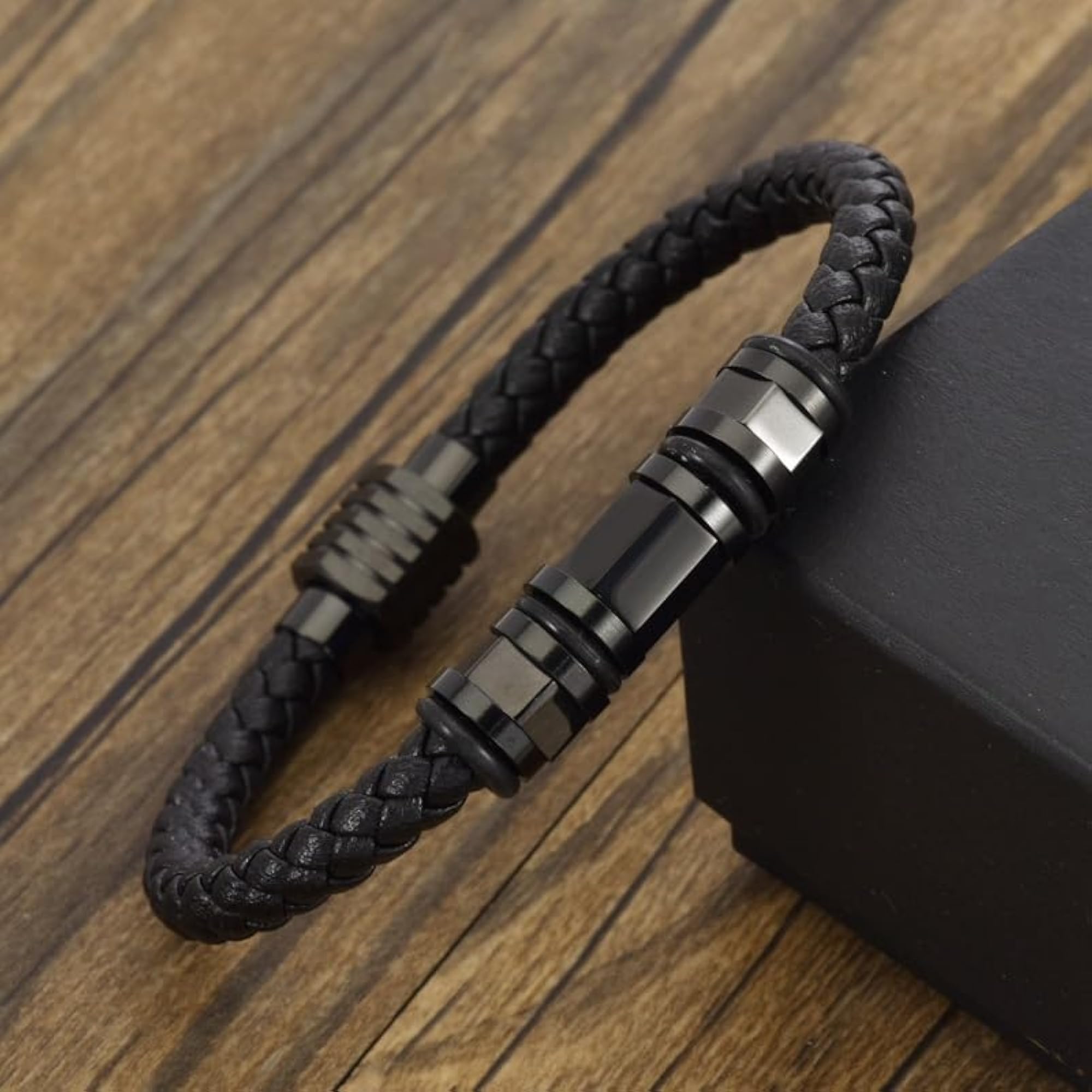 Men's Hand-Woven Leather Bracelet with Stainless Steel Beads