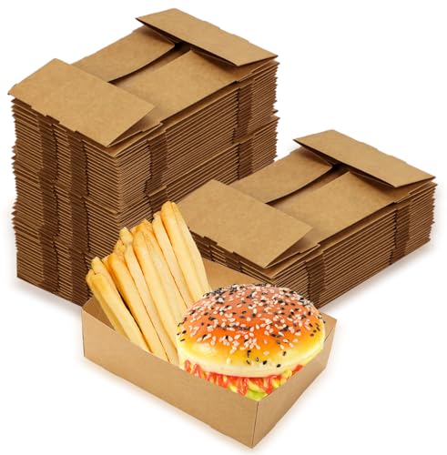 Nexboraque 100 Pack Disposable Paper Trays, Rectangular Kraft Food Containers Foldable Boxes, 4 Corner Pop Up Cardboard Food Trays for Fast Food, Nacho, Snack, Stadiums, Theaters, Brown