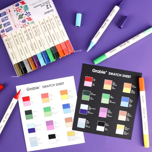 Image of Grabie 24 Colors Acrylic Paint Markers, 12 Pack Dual Tip Soft Brush Acrylic Markers, Water-Based Paint Pens for Paper, Rock Painting, Wood, Glass, Canvas, DIY Craft Art Supplies for Adult & Kids