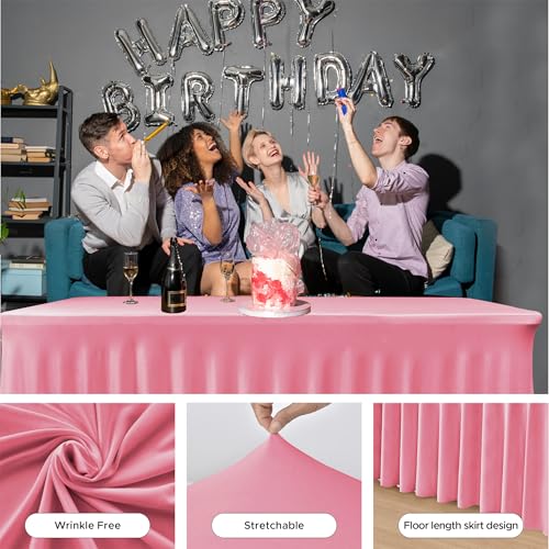 Image of HolidayIdeas 2 Pack Spandex Table Skirts for 4 ft Folding Table, Stretch Rectangle Tablecloth for Wedding, Banquets, Parties, Pink, 24x48