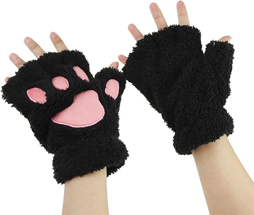 Miniatura 4 de Guantes de garra de oso de dibujos animados para niñas, guantes de pata de medio dedo, guantes de invierno cálidos de piel sintética de felpa