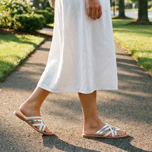 Image of Luoika Women's Wide Width Flat Sandals, Flip Flop Slides Sandal Casual Strapy Sandal Slip on Summer Beach Shoes for Women.
