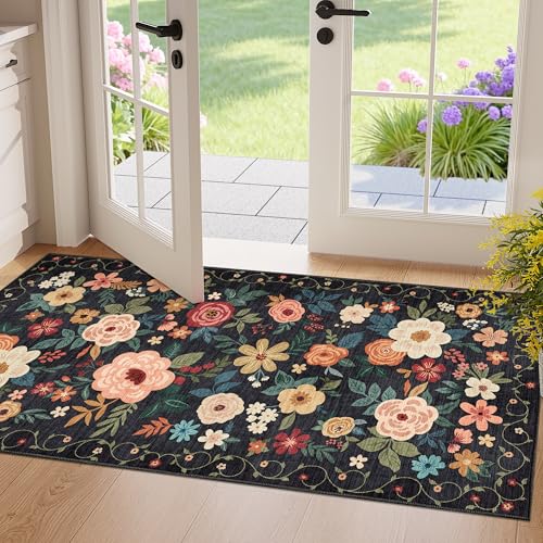 DUKINO 2x4 Rug for Entryway Washable Kitchen Floral Runner Rug with Non Slip Backing Low Pile Soft Boho Carpet for Kitchen Hallway Entryway Laundry Bedroom Black
