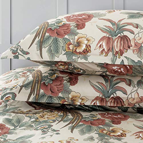 Eikei Home Chinoiserie Chic Peacock Floral Duvet Cover Paradise Garden Botanical Bird And Tree Branches Vintage Stylized Long Staple Cotton Bedding Set (Autumn Red, King) #TOP3