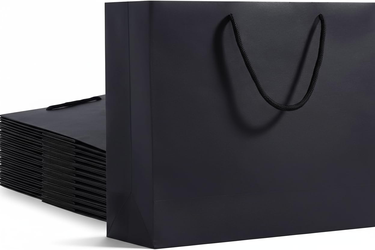24 pcs Black Paper Bags, 40 x 12 x 28CM Gift Bags, Shopping Bags Paper for Shopping, Wedding, Birthday, Party, Gift, Retail