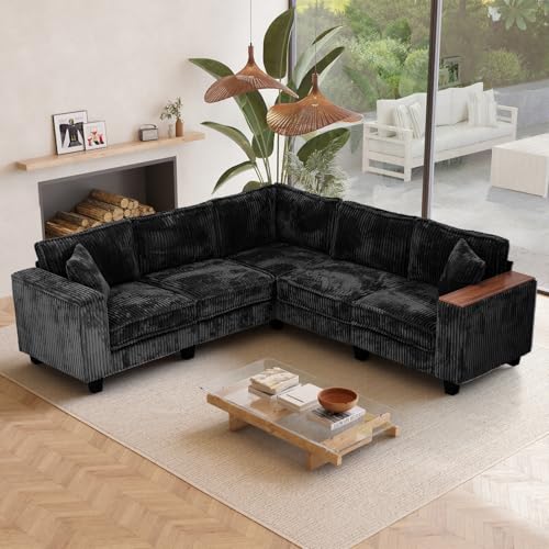 Image of 97 Inches Corduroy Couch with 2 Pillows Deep Seat Sectional Sofa Armrests with Two Hidden Storage Space Corner Couch Oversized L Shaped Cloud Couches for Living Room Black