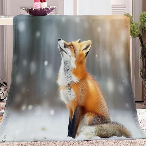 Tiere, Fuchs, Schnee Flauschige Kuscheldecke, Weiche Flanell Sofadecke mit Grau Waschbare Decke für Kinder, Jungen und Erwachsene, Warme Tagesdecke 150x200 cm