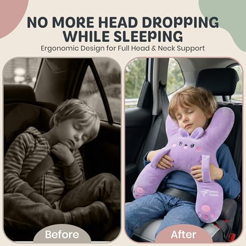 Image of Kids Car Sleeping Pillow, H-Shaped for Neck & Back Support, Purple Rabbit