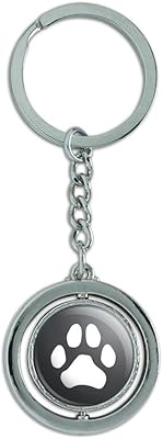 GRAPHICS & MORE Paw Print Dog Cat White on Black Keychain Spinning Round Chrome Plated Metal
