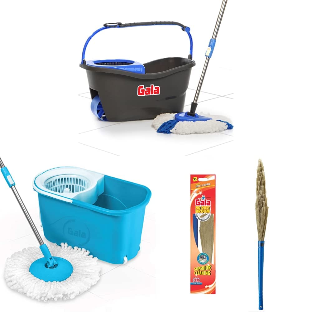 Gala Turbo Spin Mop (Grey and Blue), 4 Pcs & e-Quick Spin Mop,Mopping Set (White and Blue) & No Dust Floor Broom XL (Modular,1 Piece)