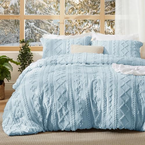 Bedsure Tufted Boho Comforter Set Queen Size - Dusty Blue Boho Bed Set, GentleSoft™ 3 Pieces Farmhouse Shabby Chic Embroidery Bedding, Gifts for Woman, Soft Jacquard Queen Comforter for All Seasons