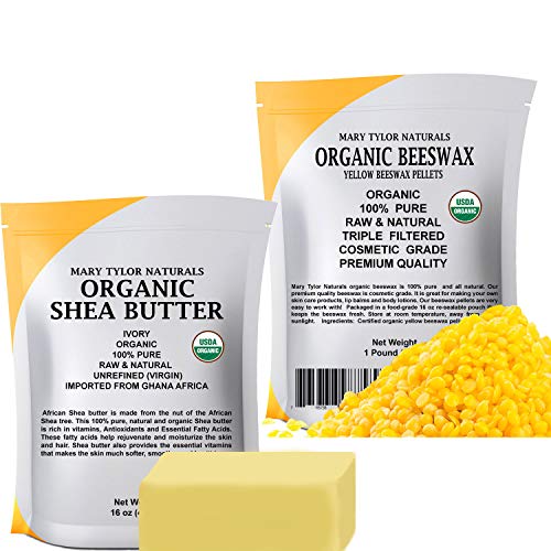 Certified Organic Shea Butter 1 lb + Certified Organic Yellow Beeswax Pellets 1 lb - Set, Amazing Skin Nourishment, Great for DIY Projects, Eczema, Stretch Marks, Body Butters by Mary Tylor Naturals