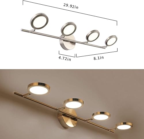 Miniatura 6 de Joossnwell Lámparas LED de baño, 4 luces de tocador ajustables de 20 W, 29.92 pulgadas, 4000 K, acabado de níquel, brazo oscilante hacia arriba y