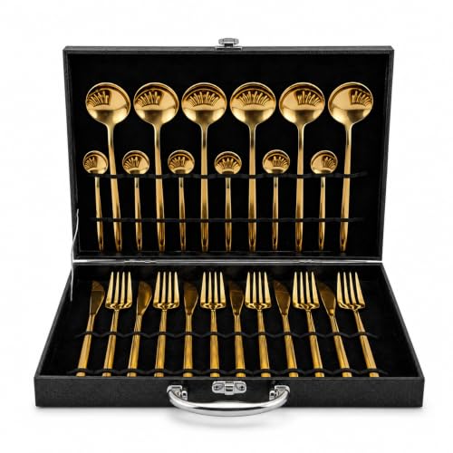 Image of 24-Piece Gold Stainless Steel Cutlery Set with Premium Storage Textured Plastic Box | Mirror Finish Flatware for 6 | Dinner Spoons, Forks, Knives & Teaspoons | Luxury Gift Set