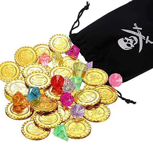 Kasyat Set de Gemas Monedas de Pirata Incluye 15 Monedas de Oro de Plástico y 10 Gemas de Colores de Pirata con Monedero de Pirata con Cordón para Recursos de Juego, Bolsa de Regalo, Fiesta Cover