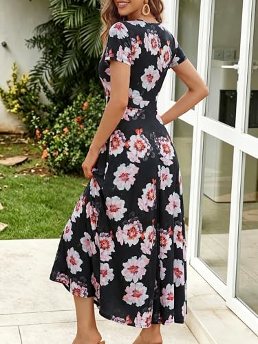 Image of HUHOT Women's Short Sleeve Wrap V Neck Dresses for Wedding Guest Summer Floral Maxi Sundresses with Pockets Boho Dress