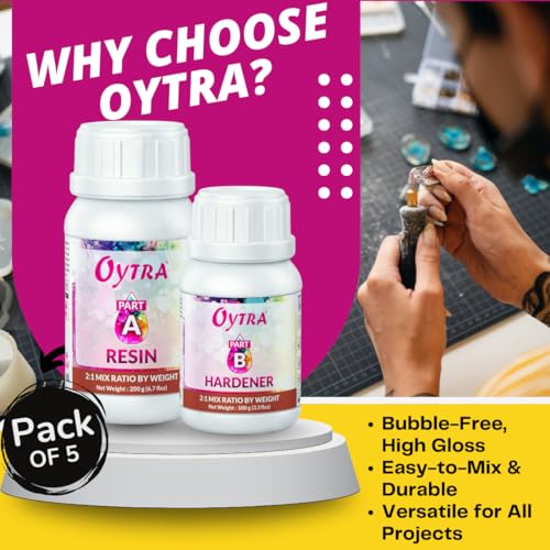 Image of Oytra Resin Art Liquid Hardener for Craft Beginners Materials Kit Ultra Crystal Clear Coat Transparent Epoxy 2 1 Ratio Artists Jewellery Set Casting Tabletop DIY Project (Pack of 5 x 300g)