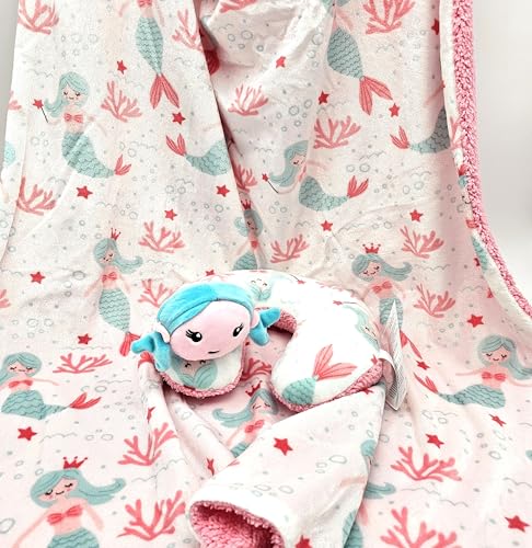 Image of TITI with Love Reversible Baby Blanket and Pillow Set - Mermaid Baby Blanket with Plush Pillow for Girl, Ultra-Soft Reversible Design, 37x27 in