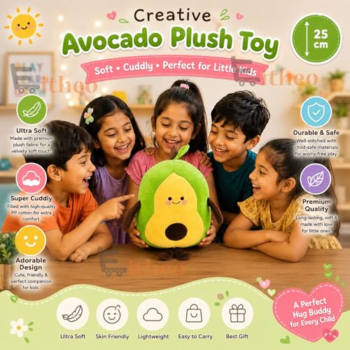 Image of EITHEO Avocado Plush Soft Toy Pillow 25 cm - Cute Kawaii Stuffed Fruit Cushion, Soft Cuddly Huggable Plushie, Decorative Gift for Kids, Girls & Boys, Room Decor