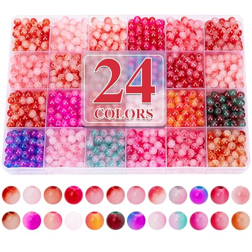 Image of XSEINO About 1200+ pcs 6mm Glass Beads Bracelet Making Kit, 24 Assorted Red Bi-Color Fusion Series Crystal Beads for Jewelry Making, DIY Crafts, Friendship Bracelets