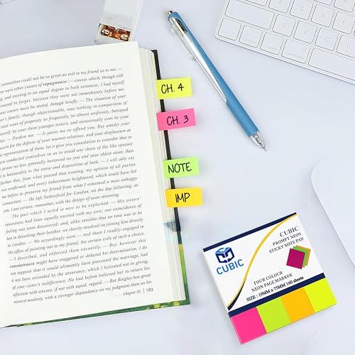 Image of Cubic Prompt Neon Sticky Note Pad Page Markers - Fluorescent Color Flags Pack of 3 - 1.9cm x 7.5cm, 160 Sheets Each