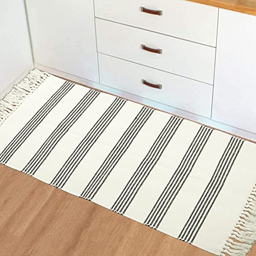 Boho Bathroom Rug 2X3 Ft Leevan Geometric Cotton Striped Rug With Tassel Door Mat Cotton Line Indoor Floor Mat Bohemian Hand Woven Chic Printed Bedside Rugs For Kitchen Living Room #TOP2