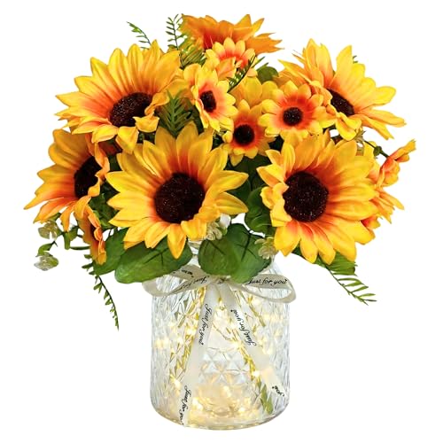 Fake Flowers in Vase with LED Lights, Sunflowers Artificial Flowers with Vase for Centerpiece Table Decorations, Faux Plant Silk floral arrangements for Rustic Home Coffee Kitchen Dining Decor Gift