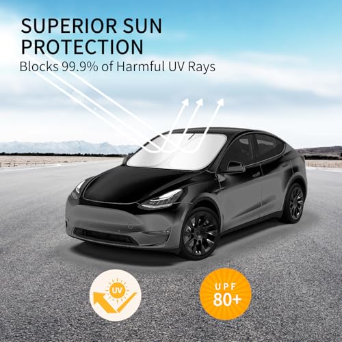 KBOISE 2025 Upgrade Professional Windshield Sun Shade for Tesla Model 3/Y 2016-2025, Innovative No-Light-Pass Technology for Maximum Protection, Foldable Sunshade with Mirror Cut-Out Keeps Car Cool