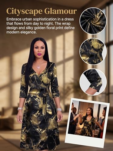 Image of Womens Plus Size Summer Dresses Sexy V Neck Midi Dress Faux Wrap Dress 3 /4 Sleeve Boho Casual Floral A-Line Skirts