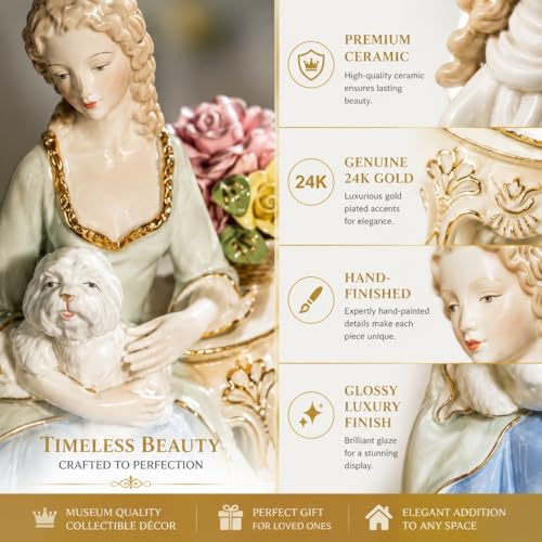 Image of ARMONIA Regal Charm 24K Gold-Plated Lady with Puppy Figurine | Premium Ceramic Decorative Showpiece Statue | Luxury Home Decor for Living Room, Bedroom, Display Shelf | Gift for Women & Housewarming