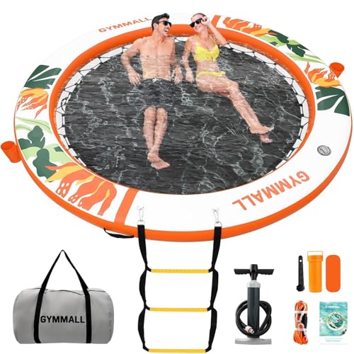 Image of Inflatable Water Hammock Floating Dock 8 FT with Mesh, Tanning Pool Raft Round Ring for Adults, Float Platform for Lake and Beach with Water Ladder and Cup Holder
