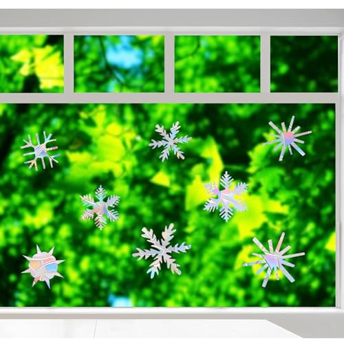 Image of 36PCS Snowflake Window Stickers Anti Collision Decals to Save Birds - Non Adhesive Prismatic Vinyl Rainbow Stickers