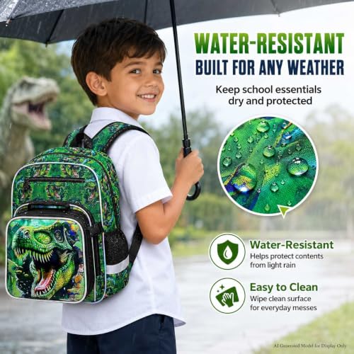 Image of 16 inch Dinosaur Backpack for Boys, 3Pcs Kids Bookbag with Lunch Box, School Backpacks for Elementary Preschool Kindergarten (Green)